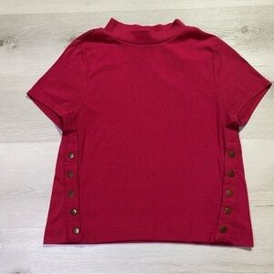 Free People We The Free Red Mock Neck Cropped Short Sleeve Side Snap Top, Sz L